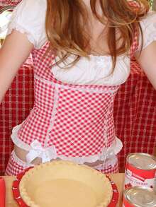 Kawaill Lolita Style 2 Piece Set Outfits Y2k Gingham Puff Short Sleeves Crop Tops + Lace Trim Mini Dress Women Sweet Outfits - 紅色 - 查看 4