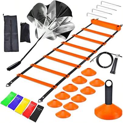 Speed Agility Training Set Includes 12 Rung Agility Ladder 10 Disc Cones Jump Rope Resistance Bands Running Parachute Holder For Football Hockey Training Athletes