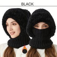1pc Black Color Women's Winter Knitted Balaclava, Warm Full Face Coverage Beanie With Ear Flaps And Neck Gaiter, Stylish Ski Mask For Cold Weather Outdoor Activities. A Winter Essential For Women, This 2-In-1 Knit Hat With Fleece Lining Can Be Worn In Two Ways. It Keeps You Warm And Blocks The Wind With A Hood, Neck, And Leg Coverage, Making It Perfect For Outdoor Cycling. The Best Gift Choice To Keep Your Girlfriend Warm All Winter. - 黑色 - 查看 2