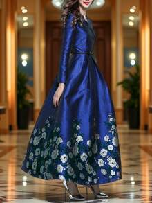 DEVCHATA Luxurious Elegant Jacquard Long Sleeve Deep V-Neck Women's Formal Evening Dress, Woven Fabric, Charming, Suitable For Banquets And Occasions, Autumn/Winter Season, Floral Pattern Placement Random (Belt Not Included) - Blue - View 4