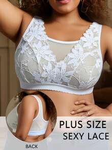 Sujetador sin tirantes blanco de talla grande para mujeres, sujetador sin aros de encaje y malla delgada sexy y de soporte para vacaciones - Blanco - Ver 2