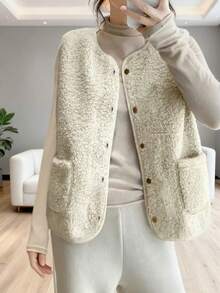 Plus Size Autumn/Winter Faux Shearling Vest, Retro Style Sleeveless Jacket For Women, Fur Lined Suede Waistcoat