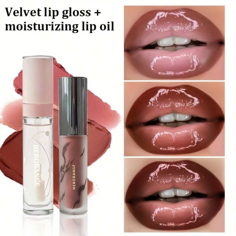 [2PCS]HERORANGE 2 Lip Set Velvet Matte Lipstick & Nourishing Lip Oil Hydrating Plump Universal Shades Transfer-Proof Color For All Skin Tones Perfect Party & Holiday Gift - Tasteless - View 1