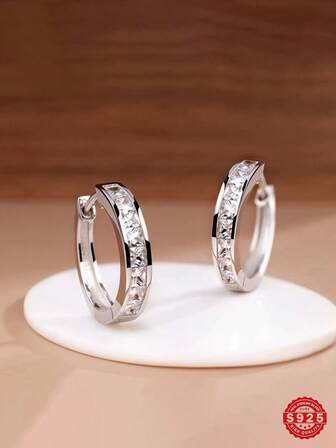 一对S925纯银方形闪亮立方氧化锆双圈耳环，1.5厘米，优雅休闲，适合日常佩戴、旅行、派对等场合，附赠精美礼盒