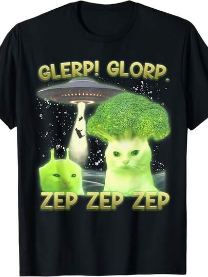 Interesting Alien Cat Meme, Silly Cat, Broccoli, Fun Sayings, Humorous, Quirky, Boyfriend Gift, Plus Size Breathable, Casual Fashion, Quick-Dry T-Shirt, Print Soft Touch, Men'S Round Neck Shirt.
