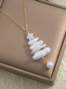 1 Stück modischer Weihnachtsbaum Anhänger Halskette, Künstliche Barock Perle Weihnachtsbaum Anhänger Halskette, Weihnachtsgeschenk Schmuck für Frauen, geeignet für Weihnachten, Alltag Outfit im Winter - Weiss - Übersicht 2