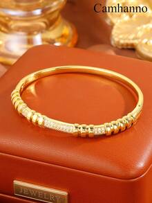 Camhanno 1pc Golden Jewelry Set Striking Copper Bracelet For Party: The Bead-Segment And Inlaid Design Is Full Of Charm In Social Occasions, Showing A Unique And Luxurious Style That Catches Everyone's Eyes Instantly. - Multicolor - View 3