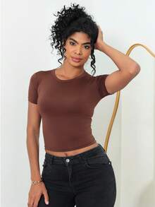 Moderna & Slim Kit 3: Women's Baby Tee: Slim Fit Short Sleeve Blouse - 1 Đen, 1 Nâu, 1 Hồng nhạt - Xem 5