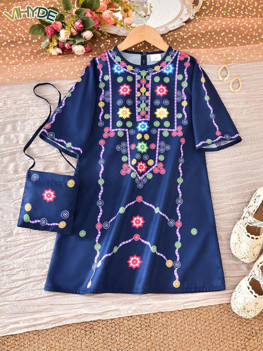 Vihyde 2件套 女童碎花短袖连衣裙及配套迷你斜挎包 - 藏蓝色 - 查看 1