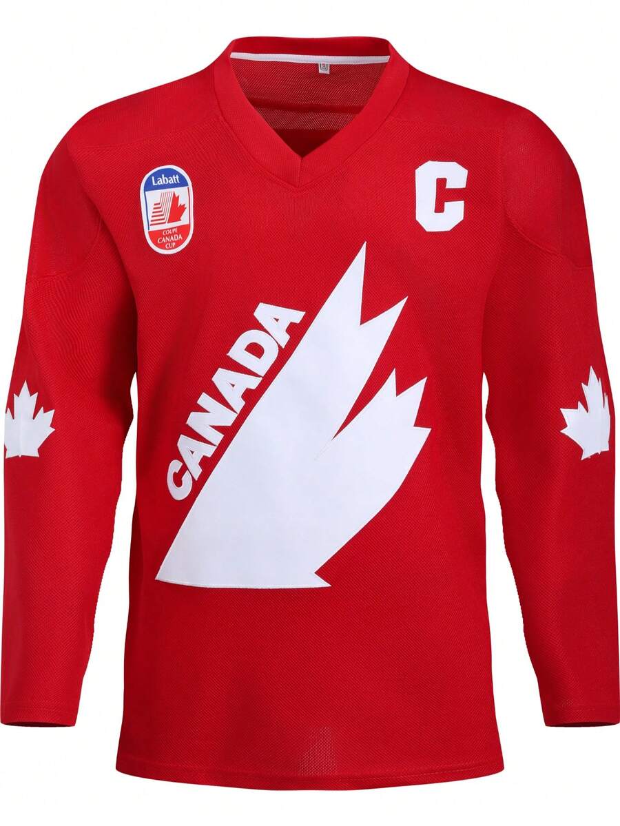 男士美国99号红色冰球球衣休闲长袖刺绣V领T恤派对运动上衣