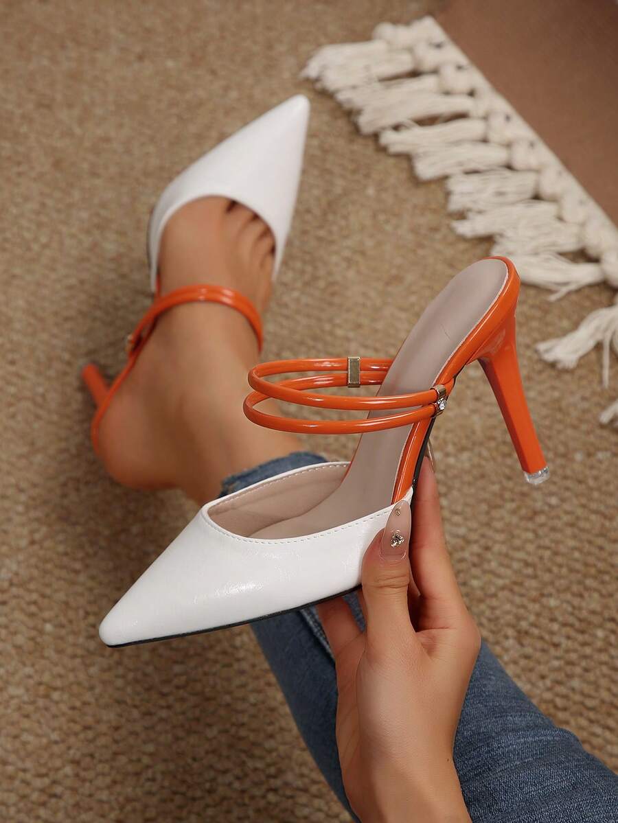 French Retro Casual Commute Business Lady-Like Pointed Toe Backless Thin High Heel Sandals, Elegant For Spring/Summer - White - View 1