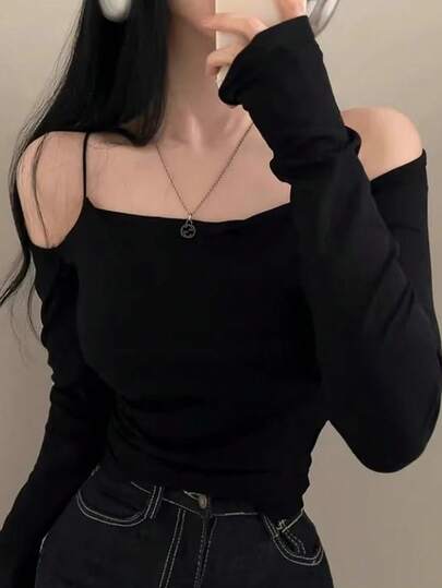 Sexy Off-Shoulder 2 In 1 Long Sleeve Camisole T-Shirt, Ruched Fitted Slim Solid Casual Top For Women, Autumn