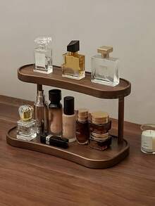 Estantería de almacenamiento de encimera de nogal de doble capa, organizador elegante para maquillaje, perfume y cuidado de la piel, adecuado para baño, cocina y escritorio, con estantes de almacenamiento cerrados por separado - Marrón - Ver 1