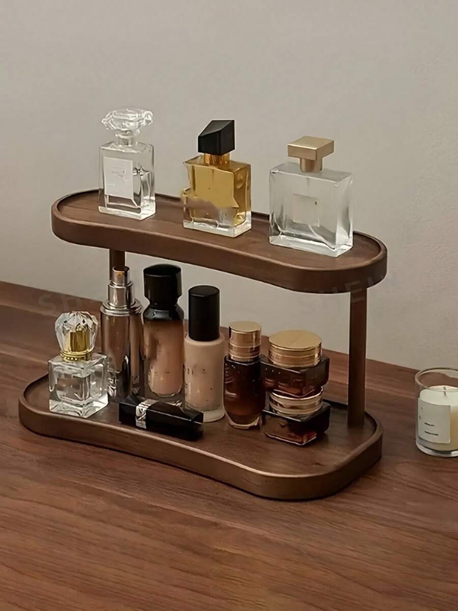 Estantería de almacenamiento de encimera de nogal de doble capa, organizador elegante para maquillaje, perfume y cuidado de la piel, adecuado para baño, cocina y escritorio, con estantes de almacenamiento cerrados por separado - Marrón - Ver 1
