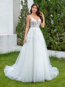 YOUKEFEIER 优雅的V领吊带婚纱，精致的蕾丝紧身胸衣，飘逸的裙摆，尽显新娘的优雅魅力。 - 米色 - 查看 3