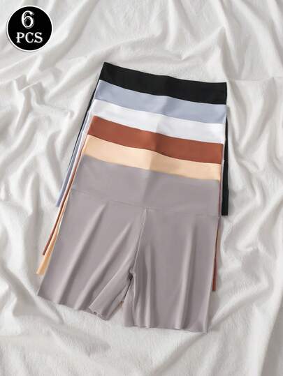 6pcs/Pack Women's Skin-Friendly Comfortable Elegant Solid Color High Waist Design Seamless Slimming Briefs, Anti-Chafing Tummy Control Panties, Non-Rolling Leg Hem, Breathable Shorts