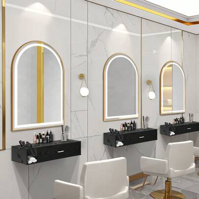 Beauty Wall Mount Styling Station, Barber Hair Styling Station With 3 Hair Dryer Holders, Spa Salon Equipment With 1 Drawers, Storage Floating Salon Station, White/ Black