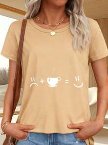Everyday T-Shirt With Coffee Cup And  Print - Khaki - View 1