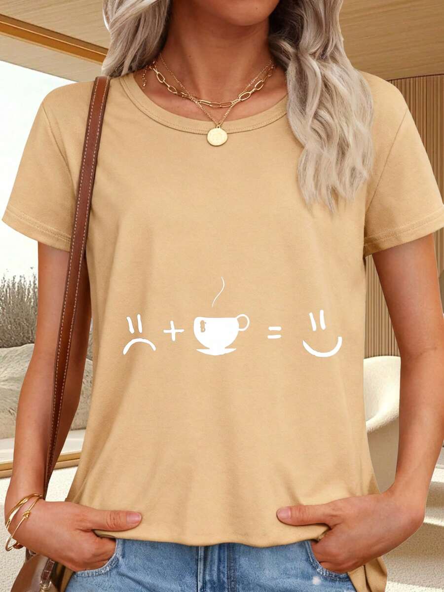 Everyday T-Shirt With Coffee Cup And Print - Khaki - View 1