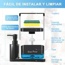 Dispensador de Jabon Cocina 4 en 1 con 2 Esponjas, Set Dispensador de Jabon con Soporte para Trapos y Esponjas, Dispensador Dual para Jabón Líquido y Lavatrastes para Fregadero, Cocina y Baño (Negro) - 1 - Ver 5