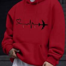 Men's Outdoor Sweatshirt, New Autumn-Winter 2026 Collection, Women's Fashion Black Hoodie With Heart, Pulse Line And Airplane Print For Daily Use, Travel And Casual Occasions, Spring Autumn, Comfortable Everyday Wear, Fashionable And For Outdoor Activities - 紅色 - 查看 6