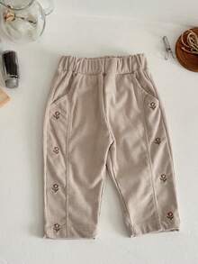 Infant/Baby GirlFloral Embroidered Casual Corduroy Pants, Sweet Style, Spring/Autumn - Apricot - View 10