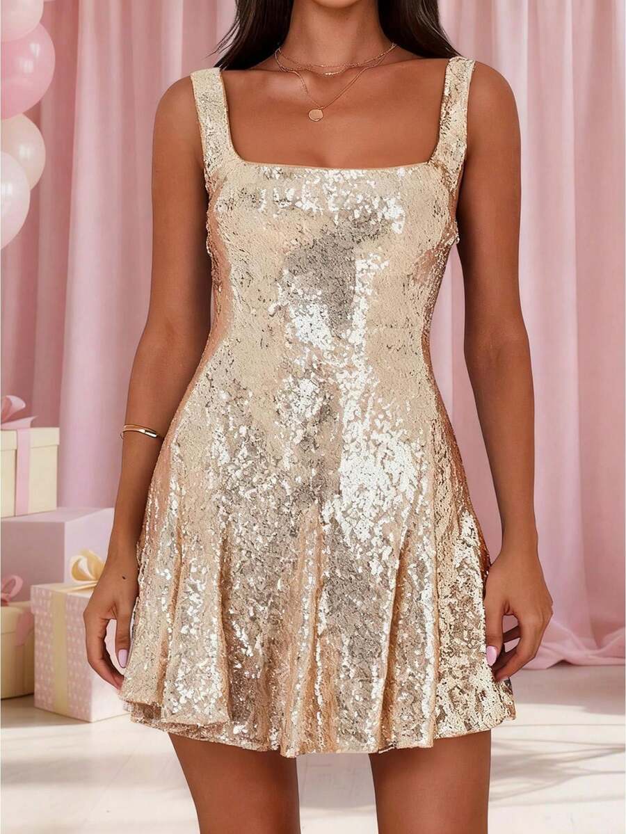 Women's Sequined Mini Dress A Line Stylish Sparkly Solid Color Square Neck Sleeveless Tank Dress - Gold - View 1