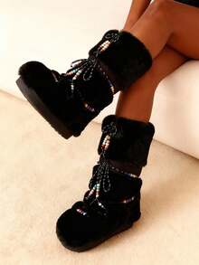 Faux Fur Snow Boots For Women Fuzzy Fluffy Furry Lace Up Mid Calf Boots Winter Warm Fur Boots For Christmas - 黑色3 - 查看 10