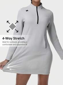 HOTSUIT 女款輕量針織抓絨連帽套頭長裙，1/4拉鍊，附袋鼠口袋，四向彈性，適合春季穿著 - 灰色 - 查看 3