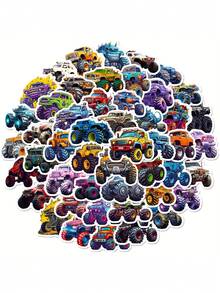 50张防水怪兽卡车贴纸 - 可重复使用，自粘式，适用于电子产品和滑板，是粉丝和派对礼物的理想之选