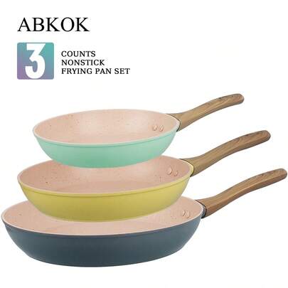 ABKOK 【1件/3件套】多色铝制煎锅套装，尺寸可选：20/24/28厘米，可爱黄、绿、蓝三种柔和粉彩色，适用于所有炉灶，不粘涂层，适合小型家庭及单人使用
