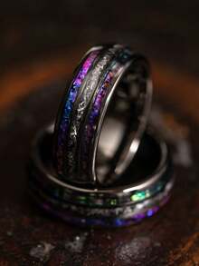 1枚8毫米男士钨金星系戒指，镶嵌陨石砂岩和蛋白石，黑色星云图案，订婚或周年纪念礼物，送给丈夫的承诺戒指