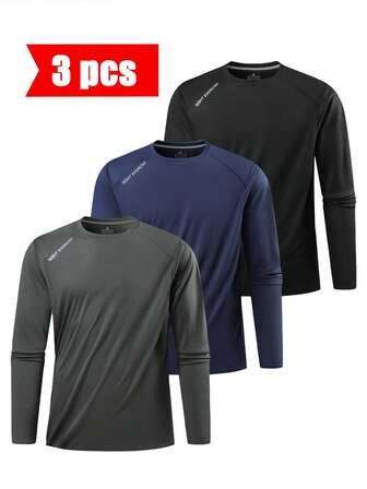 Set de 3 piezas de ropa deportiva de compresión para hombres, camisetas de manga larga delgadas, de secado rápido y que absorben la humedad para entrenamiento de base