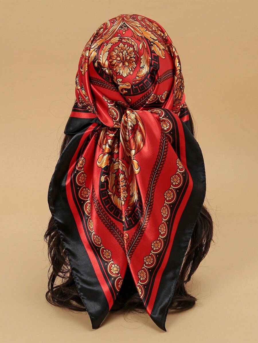 1件女士轻薄印花缎面围巾，时尚户外头巾或发带，适合春夏，可用作头巾、发带、发饰，是秋冬季提升您造型的理想选择。