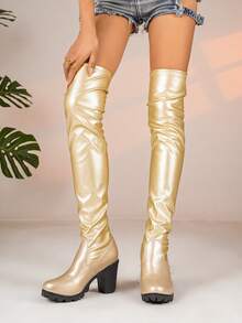 Women's 2024 Autumn/Winter New Arrival Square Toe Low Heel Pleated Leather Pull-On Thigh High Boots - Gold - View 9