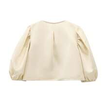 Braided Bow Strap Cute Commuter Lantern Sleeve Women's Top - Champagne - View 4