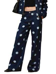 Women's Low Waist Polka Dots Wide Leg Denim Pants Summer Baggy Jeans Loose Fit Trousers For Street Wear - 藍色 - 查看 4