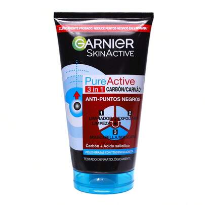 Garnier SkinActive Pure Active 3 en 1 Carbón – Limpiador, Exfoliante y Mascarilla Antipuntos Negros con Ácido Salicílico 150 ml
