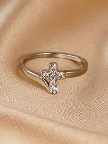 1pc Minimalist Cubic Zirconia Cross Ring, Fashion Copper Jewelry Accessory For Women, Suitable For Daily Wear, Party, Music Festival - Silver - View 3