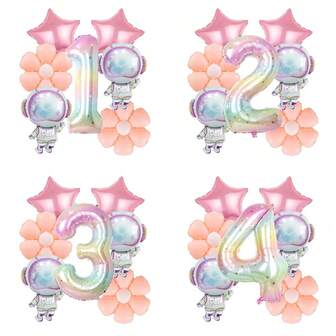 Conjunto de globos de aluminio con temática espacial, flores astronautas rosas y dígitos coloridos con estrellas, adecuado para decoración de fiestas de cumpleaños o baby shower con tema espacial