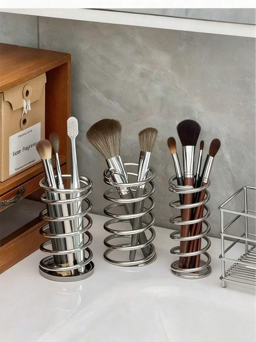 1 pieza Organizador de escritorio minimalista, Estante de almacenamiento de drenaje de baño, Soporte hueco decorativo para brochas de maquillaje - Plateado - Ver 1