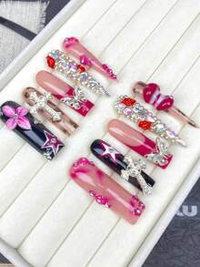 Bộ 10 móng tay giả cao cấp hình ống hút thuốc và đầu nhọn, có thể tái sử dụng, họa tiết vẽ tay - Hoa 3D, môi đỏ, bướm nhuộm tie-dye, điểm nhấn đá quý, bóng gel, thích hợp cho bé gái sử dụng hàng ngày, lễ hội, tiệc tùng, quà tặng sinh nhật, kèm bộ dụng cụ. - Màu Hồng Tươi - Xem 9