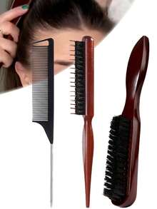 顺滑猪鬃毛梳，打造光滑马尾发型，抚平毛躁碎发，控制发际线 - 锥形尾梳和蓬松梳，方便分区和分缝，猪鬃毛梳套装，包含发际线控制梳 - 彩色 - 查看 5