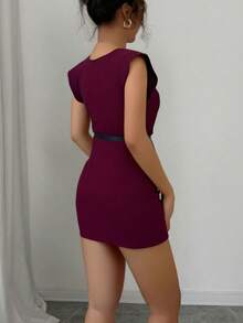 Vestido hombres manga corta corte lápiz cinturón moda dama - Rojo violeta - Ver 3