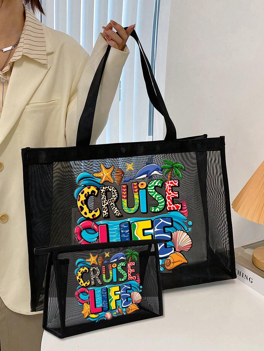 Large Capacity Mesh Bag Set, Printed With Colorful "Cruise Life" Text And Leopard Print, Decorated With Cute Beach Scene, Dolphin And Seashell On Wave Patterns, Mesh Beach Tote Bag, Mesh Cosmetic Storage Bag