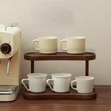 Raft de depozitare pentru blat cu 2 niveluri, culoare nuc, organizator elegant pentru machiaj, parfum și îngrijire a pielii, potrivit pentru baie, bucătărie și birou, cu compartimente de depozitare separate închise - Maro - Vizualizare 5