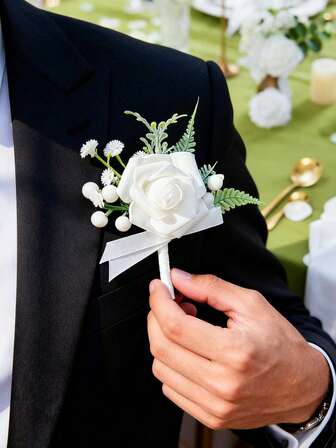 1PC Rose Boutonniere For Men, With Green Leaves, Decorative Berry- Gray Ribbon, For Wedding Graduation Homecoming Ball Party