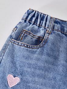 Jeans vaqueros anchos de pierna casual con bordado de corazón y lavado desgastado para niñas - Azul - Ver 3