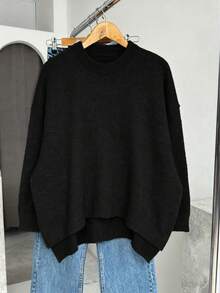 Plus Size Women's Casual Solid Color Long Sleeve Knit Sweater, Soft, Comfortable, Warm, Versatile Top For Autumn/Winter Black - Black - View 3