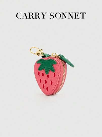 Pink Strawberry Fruit Charm Coin Purse Cute Keychain Mini Pouch Wallet Gift For Girl Women Leather Keychain Holder Case Compatible With AirTag,Cute Air Tag Cover With Keychain Ring,GPS Tracker Case For Keys